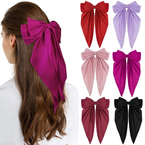 FOWSRHRG 6PCS Satin Big Bow Metal Hair Clips for Women, French Barrettes for Girls, Vintage Accessories for Thick, Curly & Straight Hair