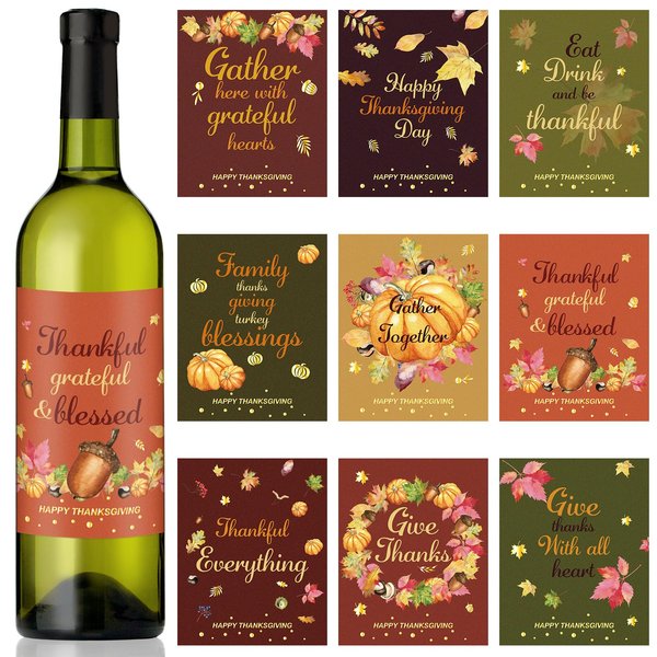 Gold Foil Thanksgiving Wine Bottle Label Stickers 54PCS Thanksgiving Party Wine Bottle Decorations Fall Wine Bottle Covers Harvest Party Supplies