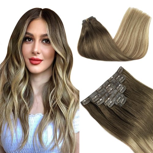GOO GOO Clip in Hair Extensions Real Human Hair, 16inch 130g 7Pcs, 3/8/613 Balayage Walnut Brown to Ash Brown and Bleach Blonde, Remy Human Hair Extensions Clip ins for Women, Natural Human Hair