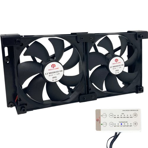 Beech Lane 12V RV Fridge Ventilation Cooling Fan 5.5" (140mm), Custom Mounts for American RV Side Vents, Adjustable Temperature Settings, High-Tech Remote with Manual/Auto Modes, Waterproof