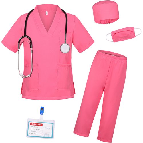 Gorkonpy Doctor Costume for Kids Boys Girls Toddler Doctor Costume with Lab Coat Halloween Party Dress Up (Pink, 4-5 Years)