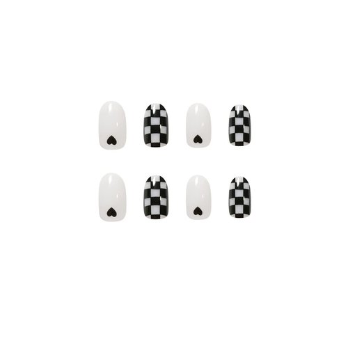 IMSOHOT 24Pcs Oval Press on Nails Short Glossy Fake Nails Checkerboard Black False Nails Rpund Glue on Nails Full Cover Acrylic Nails for Women
