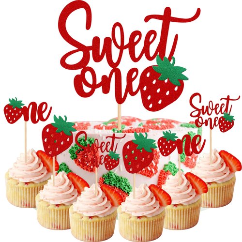 25 PCS Sweet One Strawberry Cupcake Toppers Glitter 1st Birthday Sweet One Cake Topper Strawberry One Cupcake Picks for Fruit Theme Baby Shower First Birthday Cake Decorations Supplies