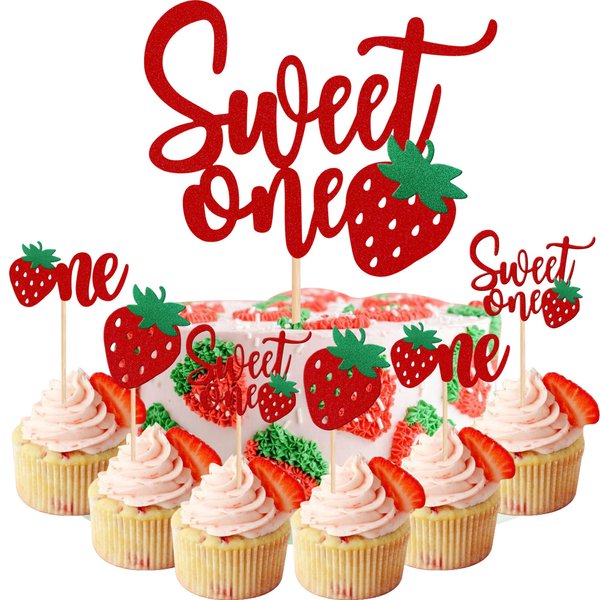 25 PCS Sweet One Strawberry Cupcake Toppers Glitter 1st Birthday Sweet One Cake Topper Strawberry One Cupcake Picks for Fruit Theme Baby Shower First Birthday Cake Decorations Supplies