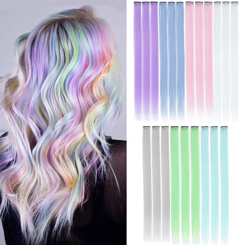 Sleekcute Ice Cream Color 7Colors 21Pcs Colored Hair Extensions, Clip in Straight Synthetic Hairpieces 22 Inch, Party Highlights Colorful Hair Extensions for Kids, Women & Girls