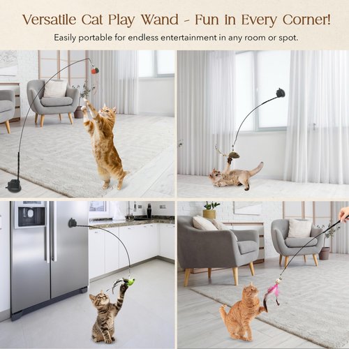 CUTIE PAW PAL Interactive Suction Cup Cat Toy for Indoor Cat, Long Tail Feather Bird, Spring Wire Suctions to Ground, Hands Free Bird Simulation Cat Toy Wand Set that Sticks to Floor, Feathers & Bells