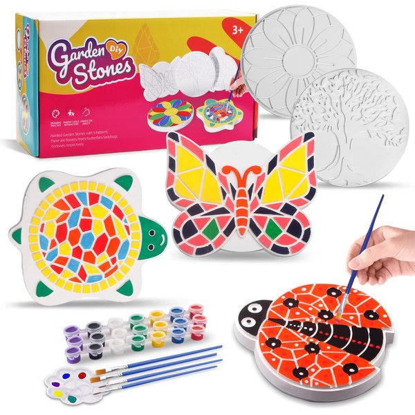 Weilim Paint Your Own Stepping Stones 5-Pack for Kids, Boys & Girls Ages 3-12, Butterfly, Turtle, Flower, Tree & Ladybug DIY Outdoor Garden Art & Craft Ceramic Painting Set