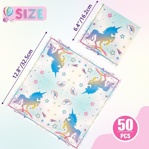 WERNNSAI 50PCS Unicorn Paper Napkins - Unicorn Birthday Party Supplies Disposable Rainbow Dinner Napkins Neon Unicorn Tableware for Kids Girls Princess Fantasy Themed Party