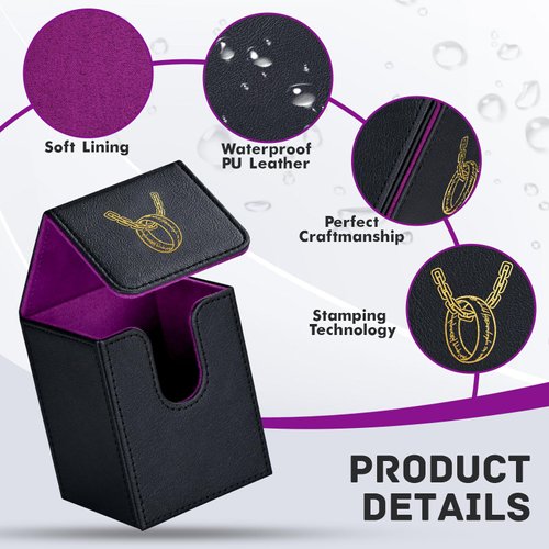 ZLCA Card Deck Box for MTG Cards with 2 Dividers, Card Storage Box Fits 100+ Single Sleeved Cards, PU Leather TCG Card Deck Case Holder for Magic Commander Yugioh (Black&Purple,Ring)