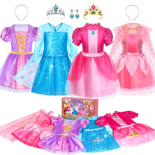 BIBUTY Princess Dress Up Clothes for Little Girls Princess Dresses for Girls, Pretend Play & Dress Up Princess Costume Set with Princess Crown Cape, Princess Toys Gifts for 3-6 Toddler Little Girls
