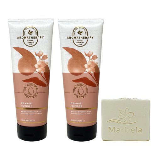 Bath & Body Works Aromatherapy Orange + Ginger 2 Pack Moisturizing Body Wash Gift Set Bundle with a Natural Oats Bar Soap - Full Size