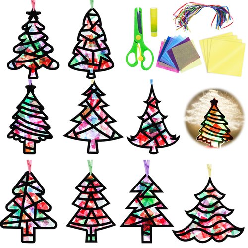 EggSun 36 Sets Christmas Tree Suncatchers Craft Kit for Kids Ornaments Stained Glass Window Arts and Crafts Kit for Classroom Holiday Birthday Projects Home Party Favors Decorations Ages 4 8 12