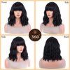 AneShe Short Wavy Black Bob Wig with Bangs Natural Black Curly Wigs for Women Shoulder Length Wig Heat Resistant Synthetic Fiber Wig for Party Daily Use