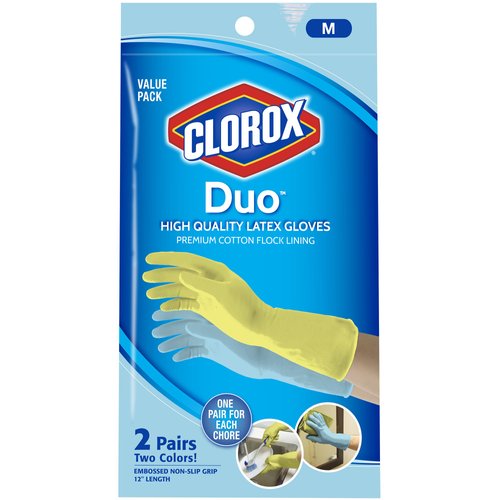 Clorox Natural Latex, Cotton Flock Lining, Beaded Cuff Non-Slip Grip Gloves, Duo (M), Medium (Pack of 2), Yellow
