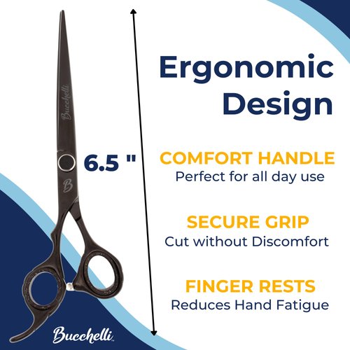 Bucchelli 6.5 Inch Left Handed Shears for Hair Cutting - Japanese 440A Inch Barber Scissors - Micro Bevel Edge with Adjustable Tension Knob - Hair Shears Black (Black Left 6.5")
