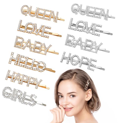HARAVAL 10 Pieces Words Letter Hair Pins, Glitter Rhinestone Hair Clips Bobby Pins Bling Crystal Letter Barrettes Hair Accessories for Women Wedding, Prom, Party