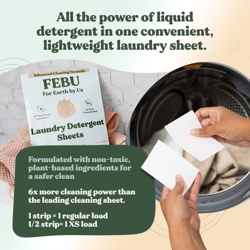 FEBU Eco Friendly Laundry Detergent Sheets | 32 Loads, Fresh Linen | 6x More Cleaning Power With Only 8 Plant-Based Ingredients | Hypoallergenic Laundry Sheets | Zero Waste Laundry Soap Sheets