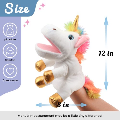 Hopearl Plush Unicorn Hand Puppet with Open Movable Mouth for Imaginative Play, Role Play, Interactive Toy for Storytelling Teaching Puppet Theater, Birthday Gifts for Kids Girls, White, 12''