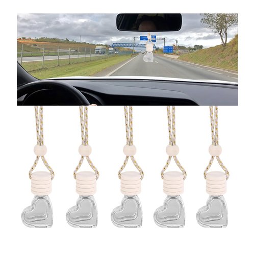 Osilly 5PCS Hanging Car Air Freshener, 8 ml Oil Diffuser Perfume Aromatherapy Pendant Empty Glass Bottle, Fragrance Ornament with Vent Clip Wooden Cap and Rope, Auto Interior Decoration (Heart)