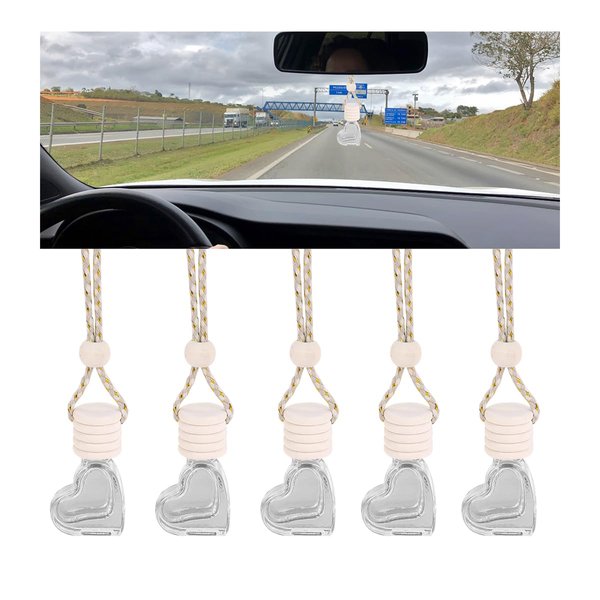 Osilly 5PCS Hanging Car Air Freshener, 8 ml Oil Diffuser Perfume Aromatherapy Pendant Empty Glass Bottle, Fragrance Ornament with Vent Clip Wooden Cap and Rope, Auto Interior Decoration (Heart)