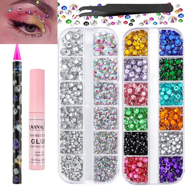 Canvalite Rhinestones for Face Colorful Face Gems Face Jewels AB & Clear Eye Hair Nail Gems Rhinestones with Quick Dry Makeup Glue, 1 Rhinestones Picker Wax Pen, 1 Tweezers for Nail Art Face Makeup