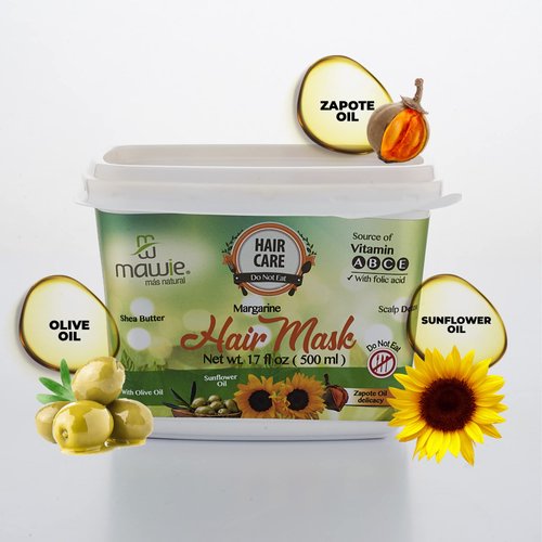 MAWIE 500ml Margarine hair treatment for dry hair with sunflower, olive and sapote oils - Mask for abundant curls, extremely damaged hair treatment, deep hydration and definition of curl, hair care