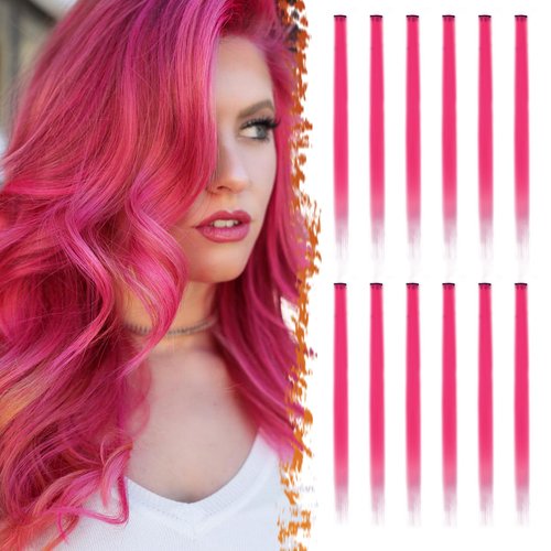 BARSDAR Hot Pink Hair Extensions Clip in - 22 Inch 12 PCs Party Highlights Colored Clip in Hair Extensions Straight Synthetic Clip in Hairpieces for Women Halloween Christmas Costume - Hot Pink