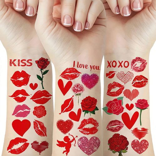 10 Sheets Valentine’s Day Temporary Tattoo Red Lips Kiss Heart Love Cupid Rose Waterproof Fake Tattoo Stickers for Wedding Valentines Party Decoration