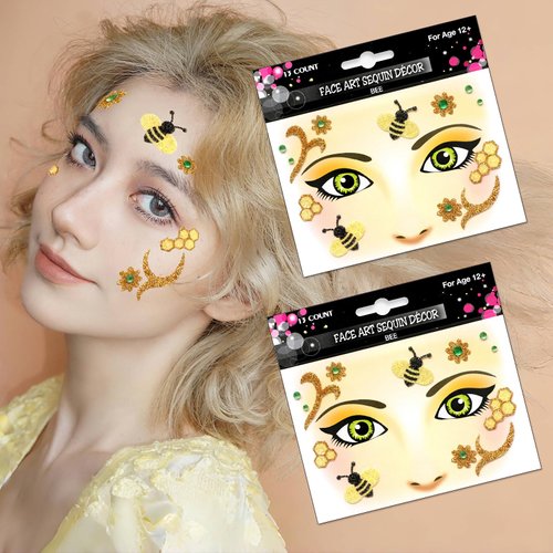 Face Gems Stickers for Women Glitter Face Stickers with Rhinestone Design Halloween Decorations Christmas Face Supplies Animal Face Decals for Party Cosplay Accessories 2Pcs (Yellow Bee)