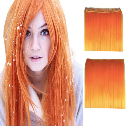 iLUU Orange Color Synthetic Hair Long Straight Clip In Hair Extensions 24" 100g Long Natural Thick Hairpieces 5 Clips In Hair Extensions For Girl Woman Party Wedding 100Grams