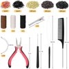 Hair Extension Tools Kit, 600 Silicone Lined Micro Rings, 1 Plier, 2 Hook Needle Pulling Loop, 10 Curved Hair Needle, 4 Metal Hair Clips, 1 Comb, 3 Sewing Threads, 200 Mini Rubber Bands
