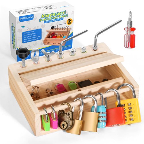 INIFEIDALA Montessori Toys for 3 4 5 Year Old,Montessori Screwdriver Board Set-Lock and Key Toy,Kids Tool Set,Preschool Learning Sensory Toys,Fine Motor Skills,STEM Toys(8 Locks and Keys)