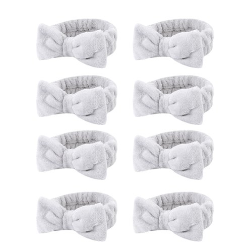 Casoty 8 Pcs Grey Spa Headband, Bow Hair Band, Soft Coral Fleece Headband for Washing Face, Headbands for Women Makeup, Hair Band for Washing Face, Skincare Headbands for Face Washing Shower Yoga