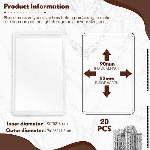 Ctosree 20 Pcs 10 oz Silver Bar Case 10 oz Silver Bar Storage Box Clear Silver Bar Holder Acrylic Storage Container Fit Silver Bar Box for 10 oz Silver Bar 10 Ounce Bar