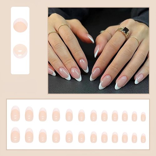 French Tip Press on Nails Short almond Fake Nails Glossy White Tips Full Cover Glue on Nails Nude Coffin False Nails White Edge Acrylic Artificial Nails Reusable Stick on Nails for Women 24pcs