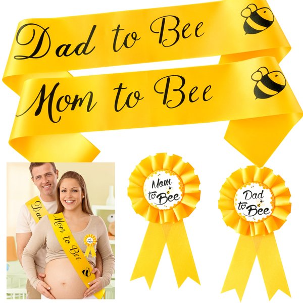 2ooya 4Pcs Bee Maternity Sash Set Yellow Bee Mom to Bee & Dad to Bee Sash Kit with Corsage Pin Bee Theme Pregnancy Sash Keepsake for Boy and Girl Baby Shower Gender Reveal Party Photo Prop Gift