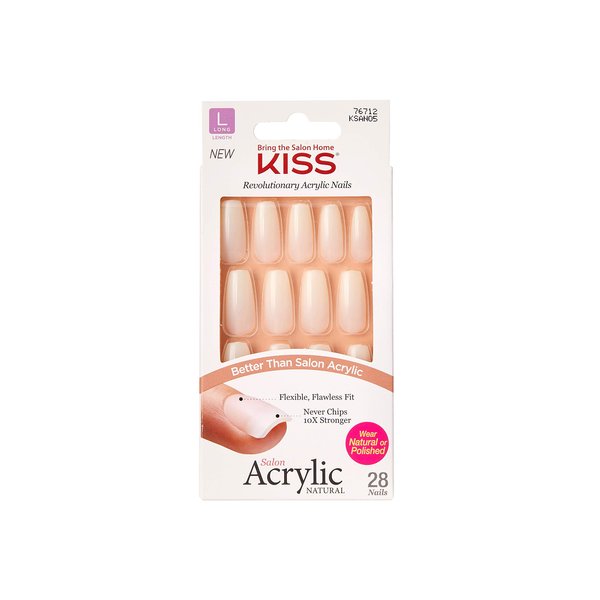 KISS Salon Acrylic Press On Nails, Nail glue included, 'Strong Enough', White, Long Size, Coffin Shape, Includes 28 Nails, 2g Glue, 1 Manicure Stick, 1 Mini File