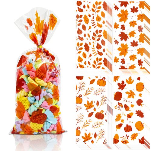 100 Pcs Fall Thanksgiving Cellophane Treat Bags with 100 Twist Ties, Clear Pumpkin Maple Leaf Goodie Candy Treat Bags Bulk with Twist Ties for Thanksgiving Autumn Fall Party
