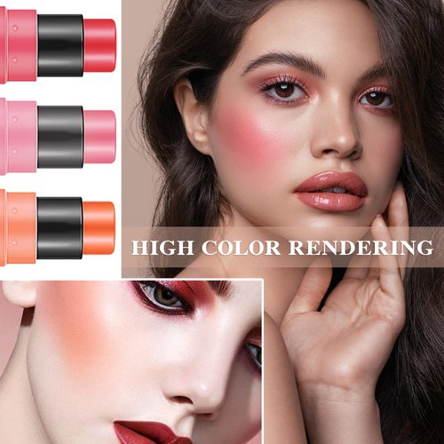 3 Pcs Cream Blush Stick with Brush,Waterproof Multi Cream Blush Stick Makeup,Lightweight,2 in 1 Multi Stick Blush for Cheeks & Lip Tint & Eyeshadow Makeup,Suitable for All Skin