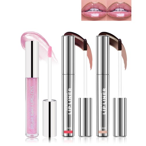 Peel Off Lip Liner Stain Tattoo & Pink Glitter Lip Gloss, Long Lasting Waterproof Lip Stain Peel off, Nude Pink Brwon Lip Liner and Clear Shimmer Lipgloss,Christmas Lip Makeup Gift Set for Women-Set A