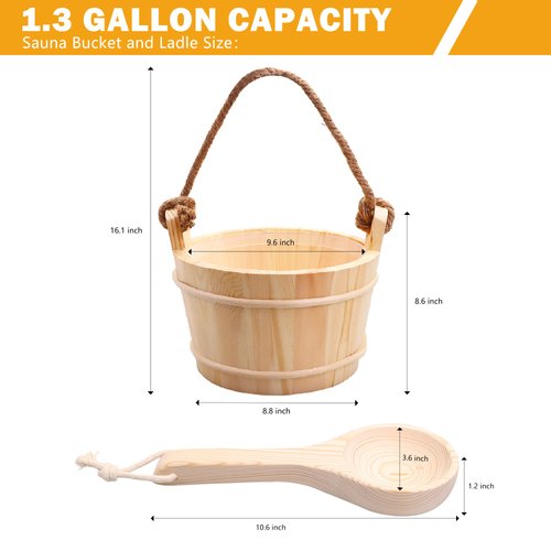 KAKUNM Sauna Bucket and Ladle 5 Liter (1.3 Gallon), Sauna Bucket, Finnish Pine Wooden Spa Accessories with Handmade Sauna Water Bucket, Plastic Liner and Rope Handle