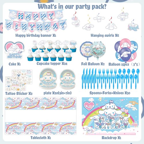 Kawaii Birthday Party Decorations Include Banner, Balloon, Tablecloth, Plates, Tattoo Sticker, Backdrop for Kawaii Birthday Party Supplies