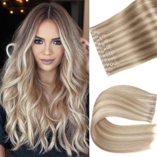 Human Hair Extensions Micro Ring PU Hair Extensions Glueless Remy Human Hair Extensions with Holes Ash Blonde Highlight Blonde 18/613 Invisible Tape in Hair Extensions for Women (35g 4Pcs,18 Inch)