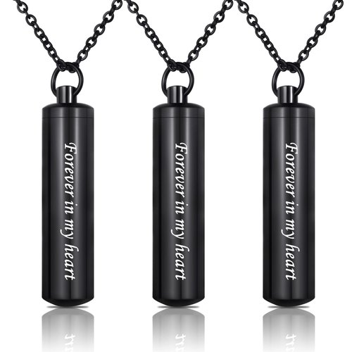 Decor Urns 3 Pack Cylinder Urn Necklaces for Ashes for Women, Memorial Cremation Jewelry for Ashes for Men with Words: Forever In My Heart. Black Ashes Locket Pendant Keepsake with Funnel Kit & Bag