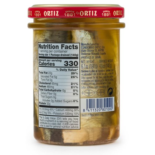 Ortiz Sardines in Olive Oil, 6.7 oz. Jar | Spanish Old Style Sardines ‘A la Antigua', Skin On | Sardines in Olive Oil, Wild Caught [6.7 oz. Glass Jar]