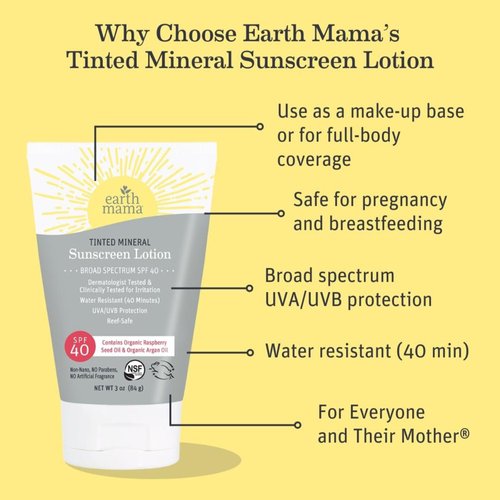 Earth Mama Tinted Mineral Sunscreen Lotion SPF 40, Contains Organic Argan and Red Raspberry Seed Oil, 3-Ounces, 2-Pack