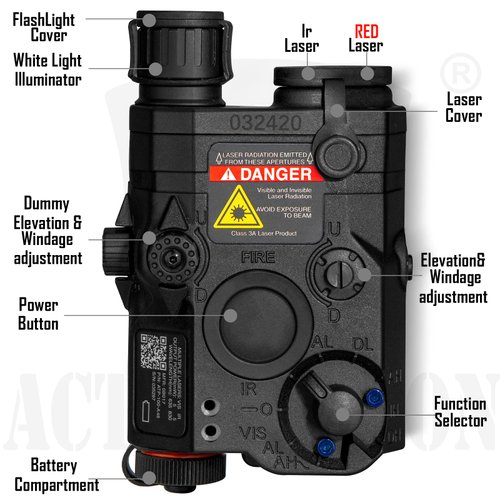 ACTIONUNION Airsoft PEQ-15 IR Laser + Visible Red Laser + White LED Flashlight (Black)