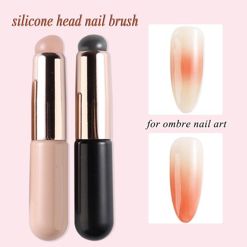 Fcozpjk Silicone Brush for Ombre Nail Art, 2Pcs Reusable Gel Polish Brush Gradient Nail Design, Silicone Pen Chrome Powder Applicator Brush, Soft Head Stamper for Stamping Nail Art, Manicure Tool