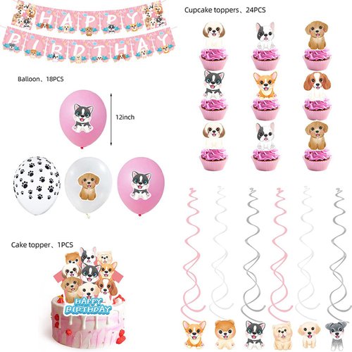 50 Dog Birthday Decorations Including Birthday Banners, Cake Toppers, Cupcake Toppers, Balloons, Swirls For Dog Paw Print Birthday Party Supplies And Baby Shower Decorations