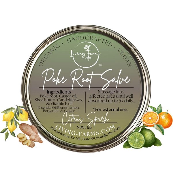 Poke Root & Castor Oil Salve - Organic Lymphatic Support Massage Balm Enriched with Essential Oils - Cysts, Boils, Fibroids, Swollen Lymph Nodes, Breast & Joint Vegan Balm (1oz, Citrus Spark)